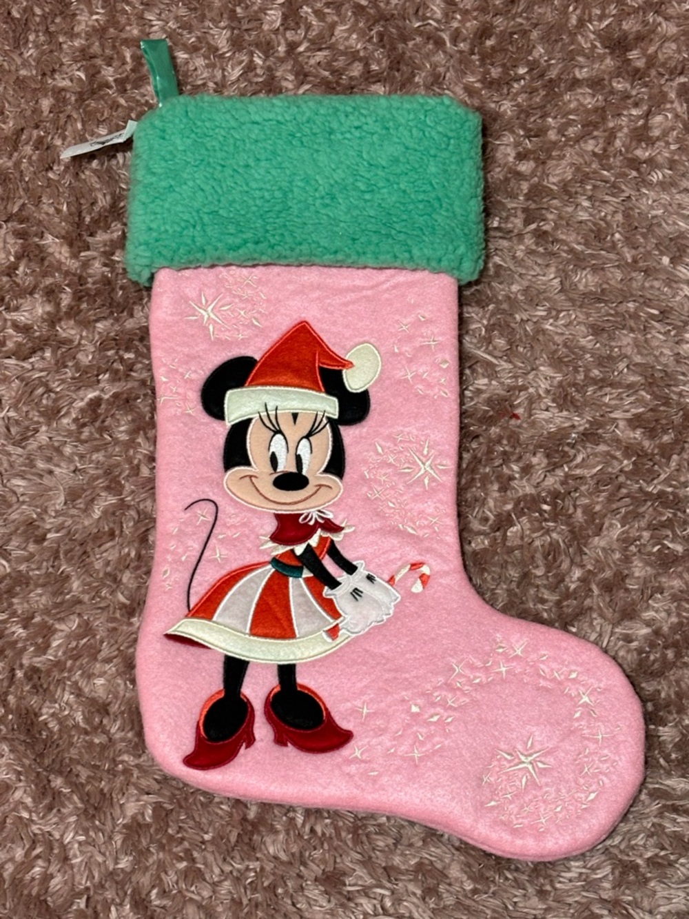 Pink Minnie Mouse Holiday Stocking with Mint Cuff
